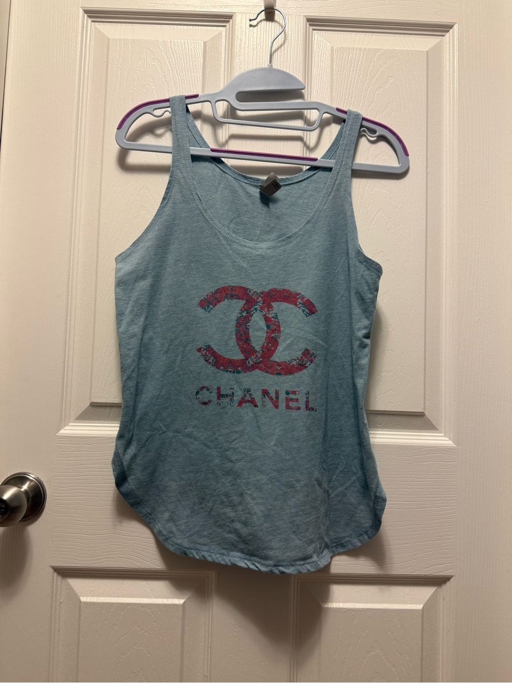 Next Level Apparel Light Blue Tank with Pink Logo Graphic